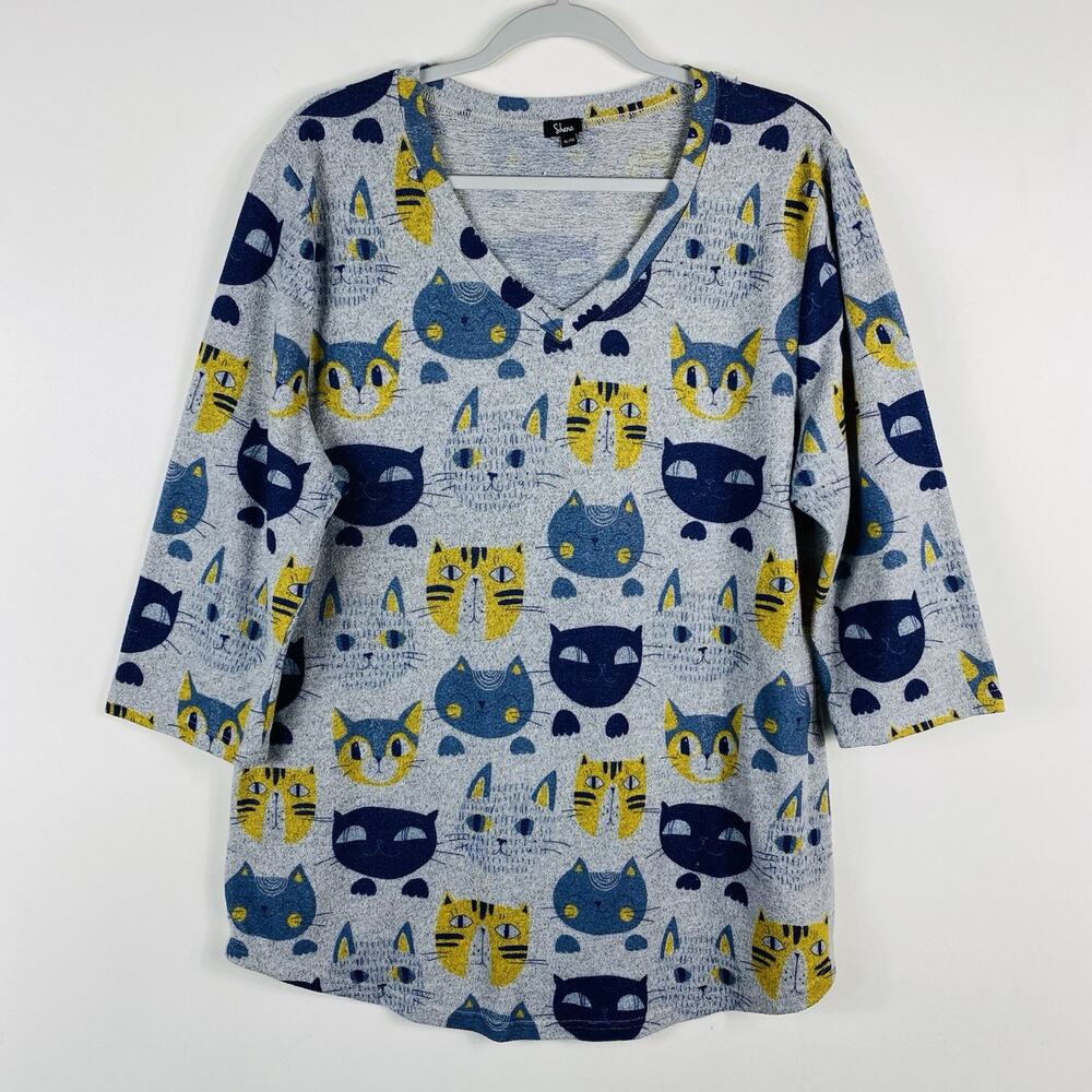 Shana Top XL Gray Cats Textured V-Neck 3/4 Sleeve